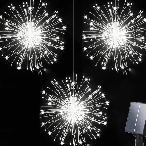 1pc Solar Firework Lights Solar Panel With 3pcs Hanging 270LEDs Starburst Lights Copper Wire Outdoor Waterproof Lights 8 Lighting Modes Fairy Decorative String Lights for Patio Umbrella, Eave, Garden
