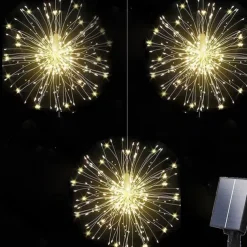 1pc Solar Firework Lights Solar Panel With 3pcs Hanging 270LEDs Starburst Lights Copper Wire Outdoor Waterproof Lights 8 Lighting Modes Fairy Decorative String Lights for Patio Umbrella, Eave, Garden