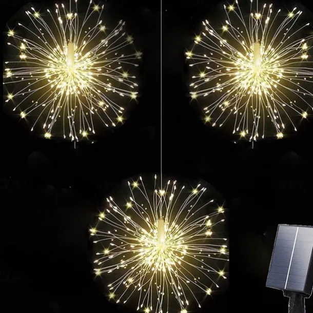 1pc Solar Firework Lights Solar Panel With 3pcs Hanging 270LEDs Starburst Lights Copper Wire Outdoor Waterproof Lights 8 Lighting Modes Fairy Decorative String Lights for Patio Umbrella, Eave, Garden