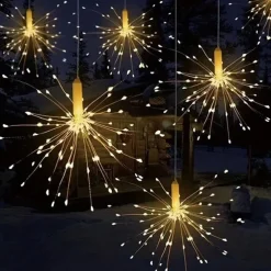 1pc Solar Firework Lights Solar Panel With 3pcs Hanging 270LEDs Starburst Lights Copper Wire Outdoor Waterproof Lights 8 Lighting Modes Fairy Decorative String Lights for Patio Umbrella, Eave, Garden