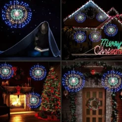 1pc Solar Firework Lights Solar Panel With 3pcs Hanging 270LEDs Starburst Lights Copper Wire Outdoor Waterproof Lights 8 Lighting Modes Fairy Decorative String Lights for Patio Umbrella, Eave, Garden