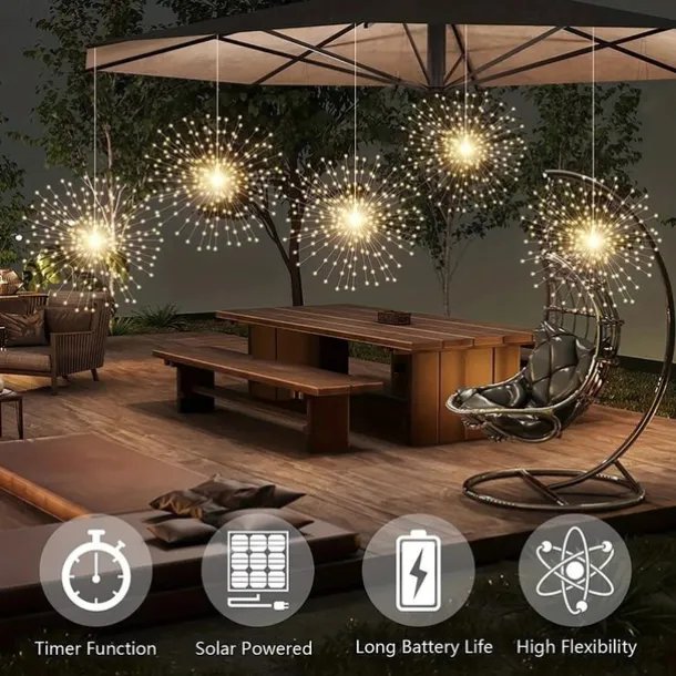 1pc Solar Firework Lights Solar Panel With 3pcs Hanging 270LEDs Starburst Lights Copper Wire Outdoor Waterproof Lights 8 Lighting Modes Fairy Decorative String Lights for Patio Umbrella, Eave, Garden