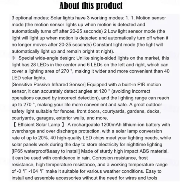 1pc Solar Motion Sensor Light 40LED Tri-side Outdoor Solar Light Waterproof for Lane Courtyard Garage Porch Wireless Safety Lighting 6500K Pure White Black