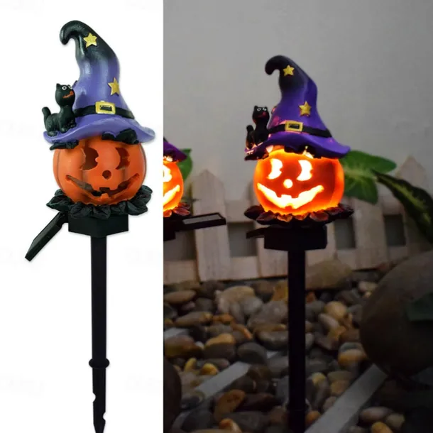1pc Solar Pumpkin Lighted Ghost Lawn Light Halloween Outdoor Garden Lights Waterproof Garden Park Walkway Landscape Decoration Resin Pumpkin Light Outdoor Halloween Light Up Decorations