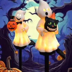 1pc Solar Pumpkin Lighted Ghost Lawn Light Halloween Outdoor Garden Lights Waterproof Garden Park Walkway Landscape Decoration Resin Pumpkin Light Outdoor Halloween Light Up Decorations