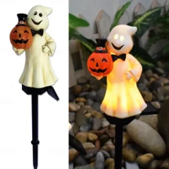 1pc Solar Pumpkin Lighted Ghost Lawn Light Halloween Outdoor Garden Lights Waterproof Garden Park Walkway Landscape Decoration Resin Pumpkin Light Outdoor Halloween Light Up Decorations
