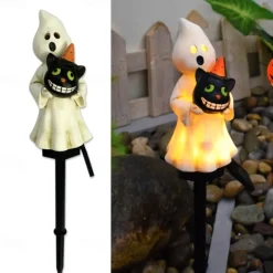 1pc Solar Pumpkin Lighted Ghost Lawn Light Halloween Outdoor Garden Lights Waterproof Garden Park Walkway Landscape Decoration Resin Pumpkin Light Outdoor Halloween Light Up Decorations
