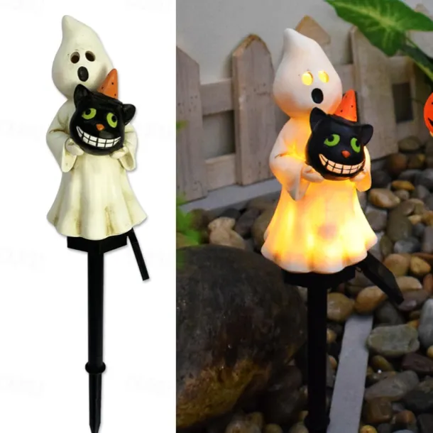 1pc Solar Pumpkin Lighted Ghost Lawn Light Halloween Outdoor Garden Lights Waterproof Garden Park Walkway Landscape Decoration Resin Pumpkin Light Outdoor Halloween Light Up Decorations