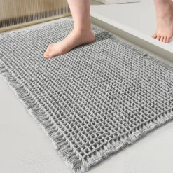 1pc Very Soft Super Absorbent Waffle Bathroom Rugs Non-slip Bathroom Mat, With Tassels Can Be Machine Washed Bathroom Mat, Non-slip Hot Melt Adhesive Transparent Rubber Bottom, kitchen Area Rugs
