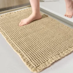 1pc Very Soft Super Absorbent Waffle Bathroom Rugs Non-slip Bathroom Mat, With Tassels Can Be Machine Washed Bathroom Mat, Non-slip Hot Melt Adhesive Transparent Rubber Bottom, kitchen Area Rugs