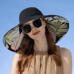 1pc Women's Reversible Wide Brim Sun Hat - Tropical Floral Design, Pink & Blue/Green Color Scheme, Breathable Polyester with Windproof Rope, Lightweight & Stylish for Beach, Outdoor, and Everyday Fash