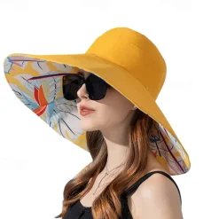 1pc Women's Reversible Wide Brim Sun Hat - Tropical Floral Design, Pink & Blue/Green Color Scheme, Breathable Polyester with Windproof Rope, Lightweight & Stylish for Beach, Outdoor, and Everyday Fash