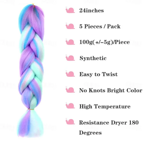 5PCS 4 Colors Mix Braiding Hair Extensions Jumbo Hair 24 Inch Synthetic Colorful Braiding Hair Extension for Crochet Box Braids Twist Braiding Hair
