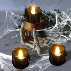 12pcs Black LED Tea Lights Halloween Night Lights Candle Lights Outdoor Indoor Garden Halloween Decor Halloween Electric Candles Battery Powered Halloween Lanterns Holiday Party Decorations