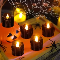 12pcs Black LED Tea Lights Halloween Night Lights Candle Lights Outdoor Indoor Garden Halloween Decor Halloween Electric Candles Battery Powered Halloween Lanterns Holiday Party Decorations