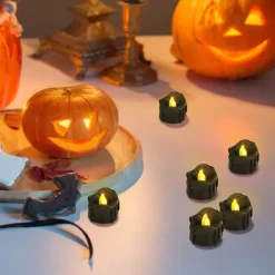 12pcs Black LED Tea Lights Halloween Night Lights Candle Lights Outdoor Indoor Garden Halloween Decor Halloween Electric Candles Battery Powered Halloween Lanterns Holiday Party Decorations