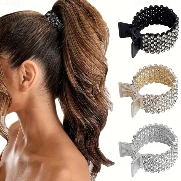 3pcs, Elegant Premium Shiny Rhinestone Hair Clips, Convenient Trendy Ponytail Fixed Buckles, Women Girls Casual Party Supplies, Gift Photo Props