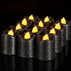 12pcs Flickering Flameless Candles Light Shiny Glitter Votive Candles LED Tea Lights Decoration for Christmas/Halloween Holidays Wedding Outdoor Table Party Festival