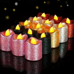 12pcs Flickering Flameless Candles Light Shiny Glitter Votive Candles LED Tea Lights Decoration for Christmas/Halloween Holidays Wedding Outdoor Table Party Festival