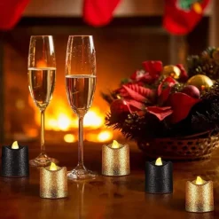 12pcs Flickering Flameless Candles Light Shiny Glitter Votive Candles LED Tea Lights Decoration for Christmas/Halloween Holidays Wedding Outdoor Table Party Festival