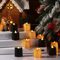 12pcs Flickering Flameless Candles Light Shiny Glitter Votive Candles LED Tea Lights Decoration for Christmas/Halloween Holidays Wedding Outdoor Table Party Festival