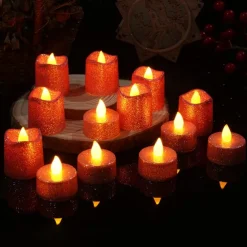 12pcs Flickering Flameless Candles Light Shiny Glitter Votive Candles LED Tea Lights Decoration for Christmas/Halloween Holidays Wedding Outdoor Table Party Festival