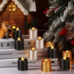 12pcs Flickering Flameless Candles Light Shiny Glitter Votive Candles LED Tea Lights Decoration for Christmas/Halloween Holidays Wedding Outdoor Table Party Festival