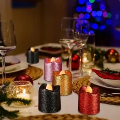 12pcs Flickering Flameless Candles Light Shiny Glitter Votive Candles LED Tea Lights Decoration for Christmas/Halloween Holidays Wedding Outdoor Table Party Festival