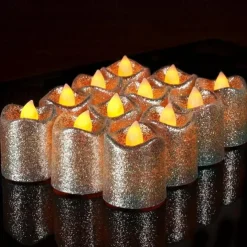 12pcs Flickering Flameless Candles Light Shiny Glitter Votive Candles LED Tea Lights Decoration for Christmas/Halloween Holidays Wedding Outdoor Table Party Festival