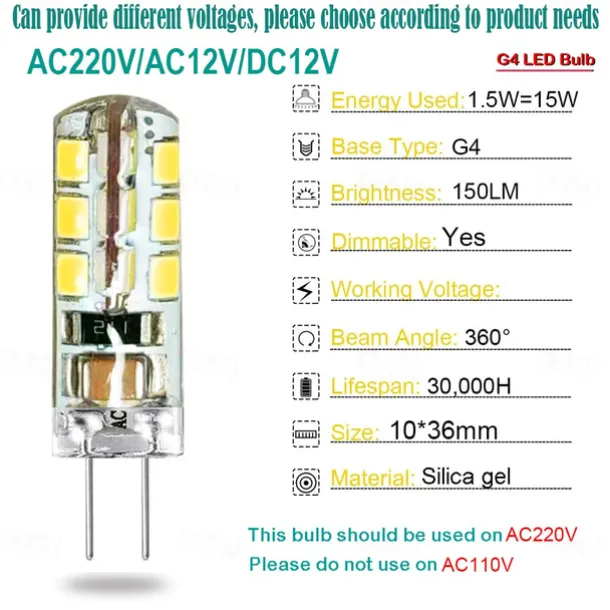 10pcs G4 Bi-pin LED Light Bulb 3W 24LED SMD 2835 Equivalent Halogen Bulb 30W Warm white 3000K Daylight White 6000K 360° Beam Angle Flicker Free DC12V AC220V AC110V