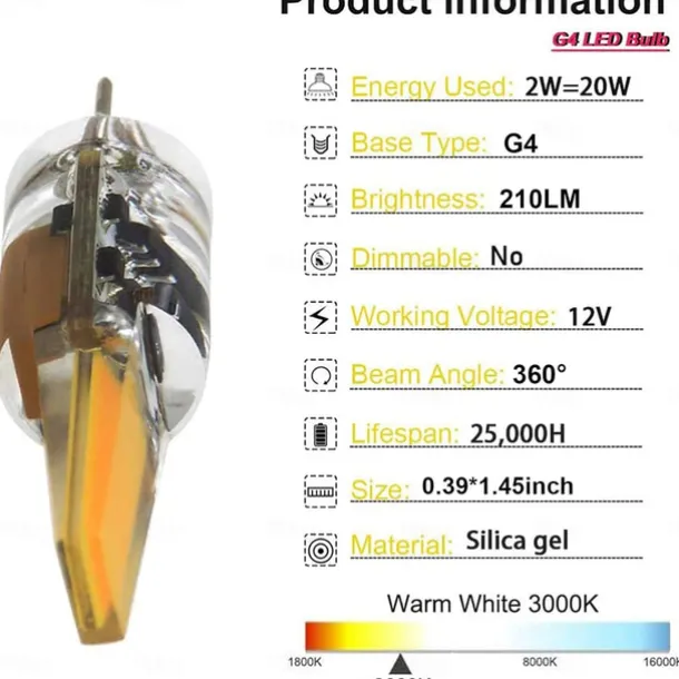 10pcs G4 LED Bi-pin Bulbs 2W Equivalent to 20W T3 JC Type Bi-Pin G4 Base Halogen Bulb AC/DC 12V Daylight White 6000K G4 Bulb for Under Cabinet Light Ceiling Light RV Boats Outdoor Landscape Lighting