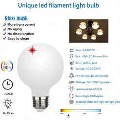 2/4/6PCS G80 7W Globe LED Edison Bulb 650lm E27 Base Opalescent Glass Facing Very Suitable for Dresser Vanity Mirror Floor Lamp AC85-265V