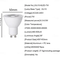 4PCS GU10 LED Bulb 7W 8Leds Dimmable 3000K Warm White for Kitchen Range Living Room Bedroom
