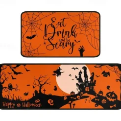 2pcs Halloween Kitchen Rugs and Mats Non-Slip Anti-Fatigue Kitchen Rug Set for Entryway ,Kitchen and Laundry