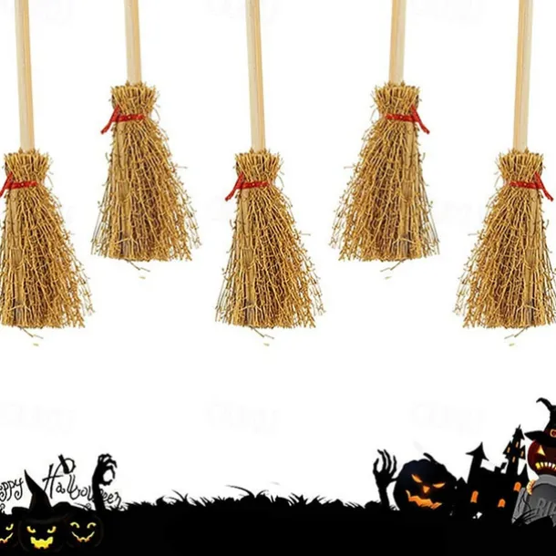 10/20pcs Halloween Mini Broom Red Rope Straw Brooms Hanging Decorations for Halloween Party Costume Witch Broom Dollhouse Accessories