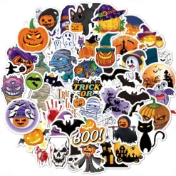 50pcs Halloween Stickers Vinyl Waterproof Cute Sticker Pack Crafts Scrapbook Water Bottle Laptop Skateboard Decoration Funny Cartoon Pumpkin Decals for Children Teens Adults