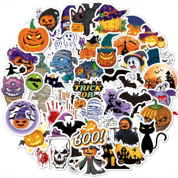 50pcs Halloween Stickers Vinyl Waterproof Cute Sticker Pack Crafts Scrapbook Water Bottle Laptop Skateboard Decoration Funny Cartoon Pumpkin Decals for Children Teens Adults