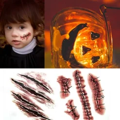 5Pcs Halloween Zombie Scars Tattoos Waterproof With Fake Scab Blood Makeup Halloween Decoration Wound Scary Blood Injury Sticker