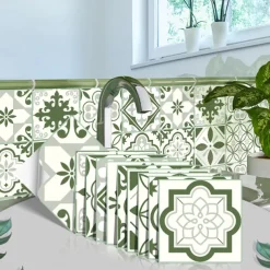 10PCS Kitchen Thickened Green Tile Stickers Self-adhesive Paper Green Tile Tile Sticker Bathroom Oil-proof Waterproof Removable Wall Sticker Floor Sticker
