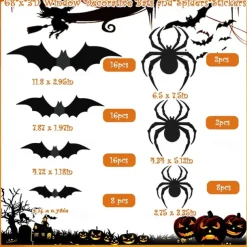 68PCS Large 3D Halloween Sticker Spider and Bat Wall Decals Set - Black Bat Stickers for Halloween Decorations