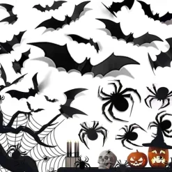 68PCS Large 3D Halloween Sticker Spider and Bat Wall Decals Set - Black Bat Stickers for Halloween Decorations