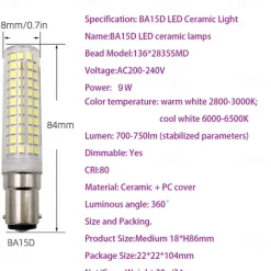 2Pcs LED Bulbs BA15D/B15/B15D 6W 100W Equivalent to a Halogen Bulb JCD Type T3/T4 B15 Double Connection 220V
