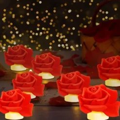 12pcs LED Tea Lights Candles Artificial Rose Petals Electric Candle Light Romantic Flameless Candle Battery Powered Christmas Valentine Wedding Birthday Party Scene Decoration