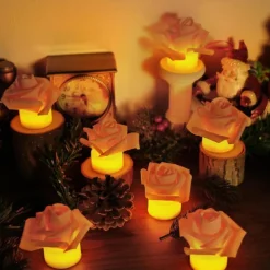 12pcs LED Tea Lights Candles Artificial Rose Petals Electric Candle Light Romantic Flameless Candle Battery Powered Christmas Valentine Wedding Birthday Party Scene Decoration
