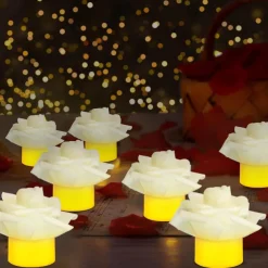 12pcs LED Tea Lights Candles Artificial Rose Petals Electric Candle Light Romantic Flameless Candle Battery Powered Christmas Valentine Wedding Birthday Party Scene Decoration