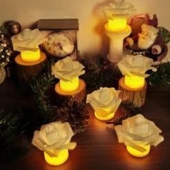 12pcs LED Tea Lights Candles Artificial Rose Petals Electric Candle Light Romantic Flameless Candle Battery Powered Christmas Valentine Wedding Birthday Party Scene Decoration