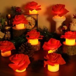 12pcs LED Tea Lights Candles Artificial Rose Petals Electric Candle Light Romantic Flameless Candle Battery Powered Christmas Valentine Wedding Birthday Party Scene Decoration