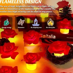 12pcs LED Tea Lights Candles Artificial Rose Petals Electric Candle Light Romantic Flameless Candle Battery Powered Christmas Valentine Wedding Birthday Party Scene Decoration