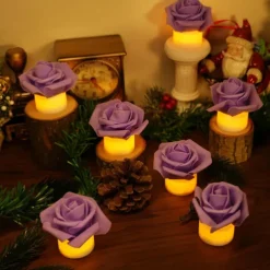 12pcs LED Tea Lights Candles Artificial Rose Petals Electric Candle Light Romantic Flameless Candle Battery Powered Christmas Valentine Wedding Birthday Party Scene Decoration