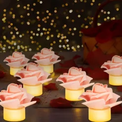 12pcs LED Tea Lights Candles Artificial Rose Petals Electric Candle Light Romantic Flameless Candle Battery Powered Christmas Valentine Wedding Birthday Party Scene Decoration